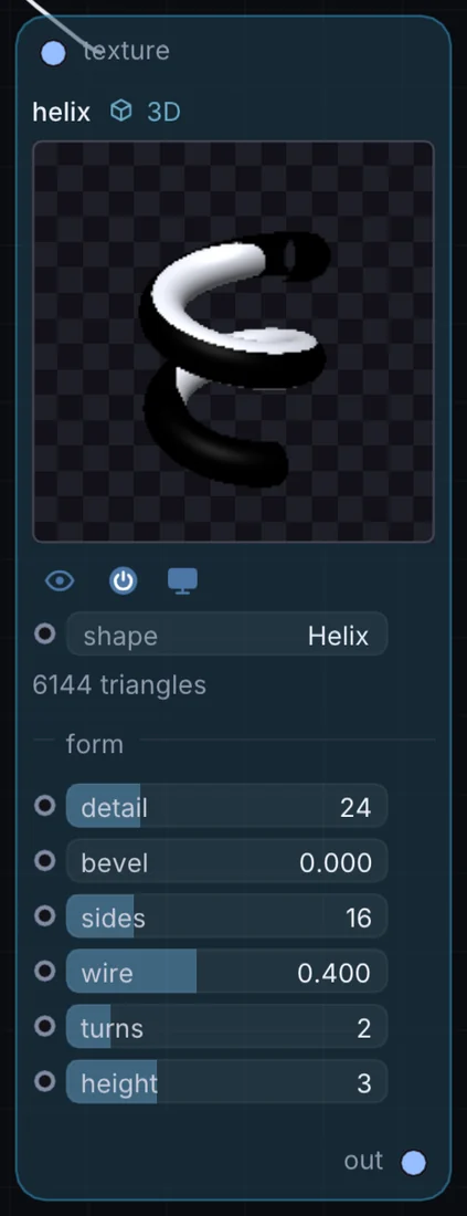The Helix node in Infinite, showing its inputs, controls and outputs.