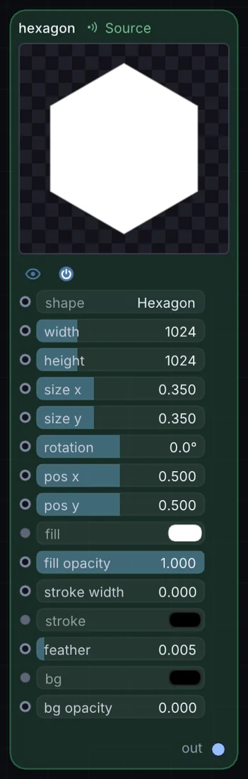 The Hexagon node in Infinite, showing its controls and output.