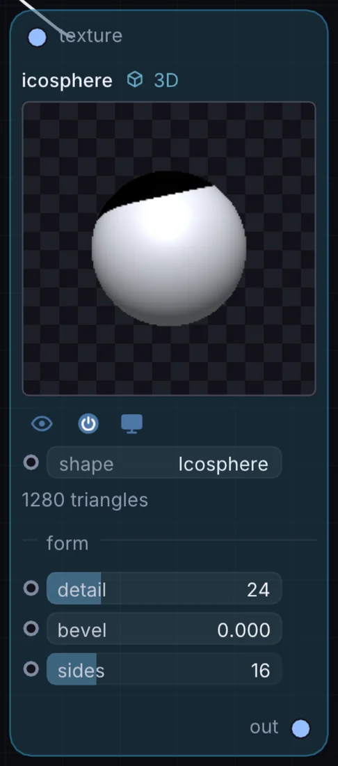 The Icosphere node in Infinite, showing its inputs, controls and outputs.