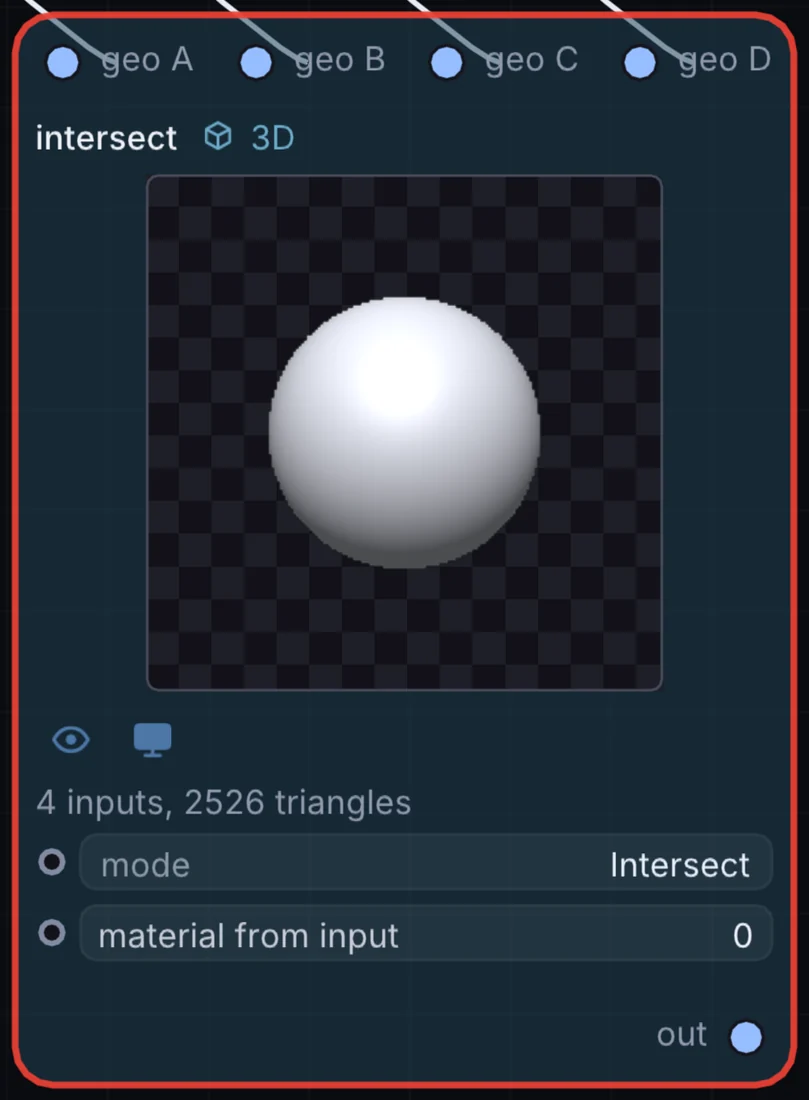 The Intersect node in Infinite, showing its inputs, controls and outputs.