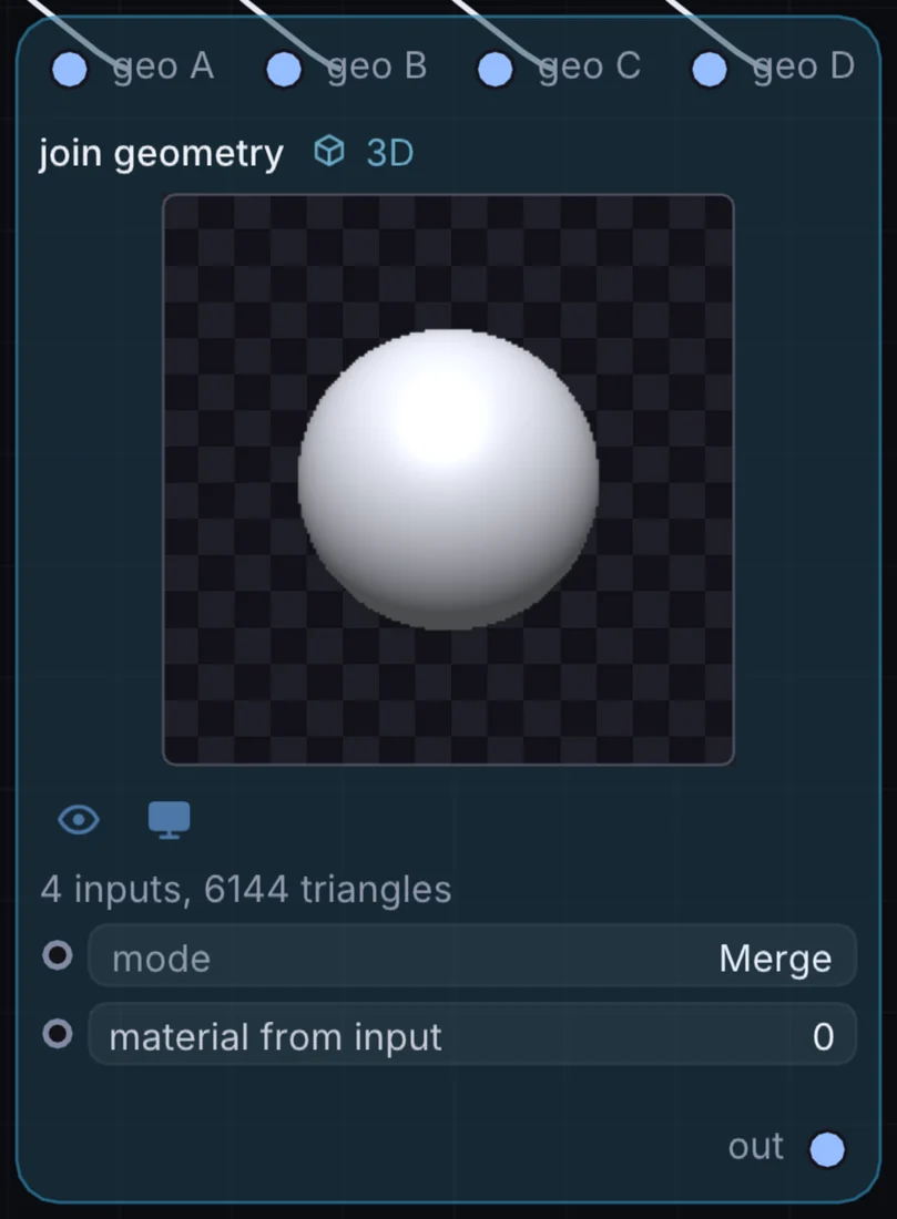 The Join Geometry node in Infinite, showing its inputs, controls and outputs.