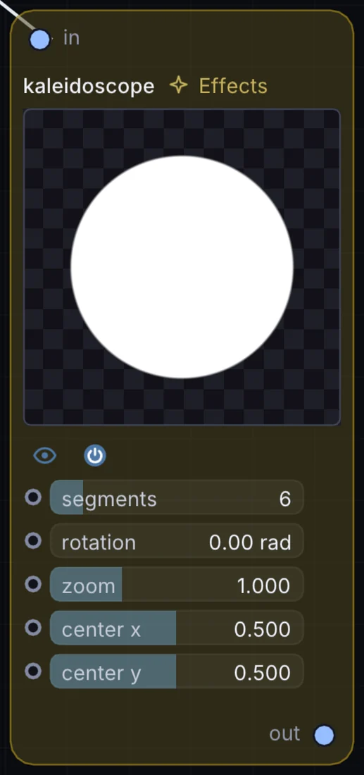 The Kaleidoscope node in Infinite, showing its inputs, controls and outputs.