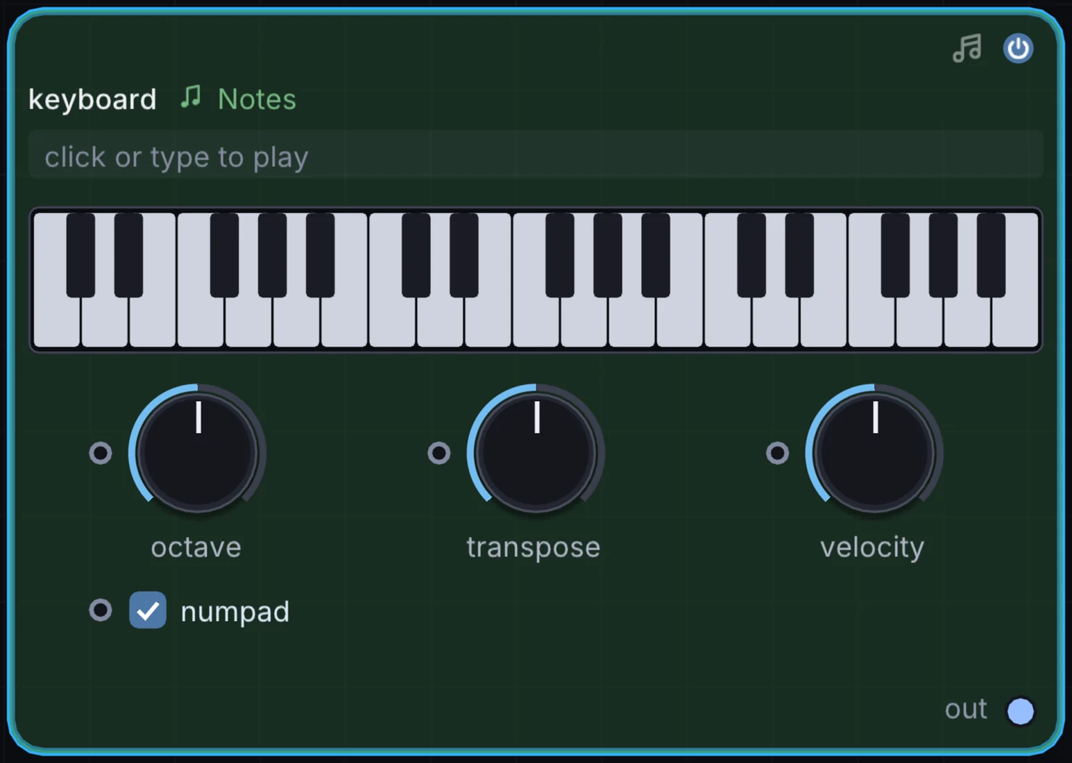 The Keyboard node in Infinite, showing its controls and output.