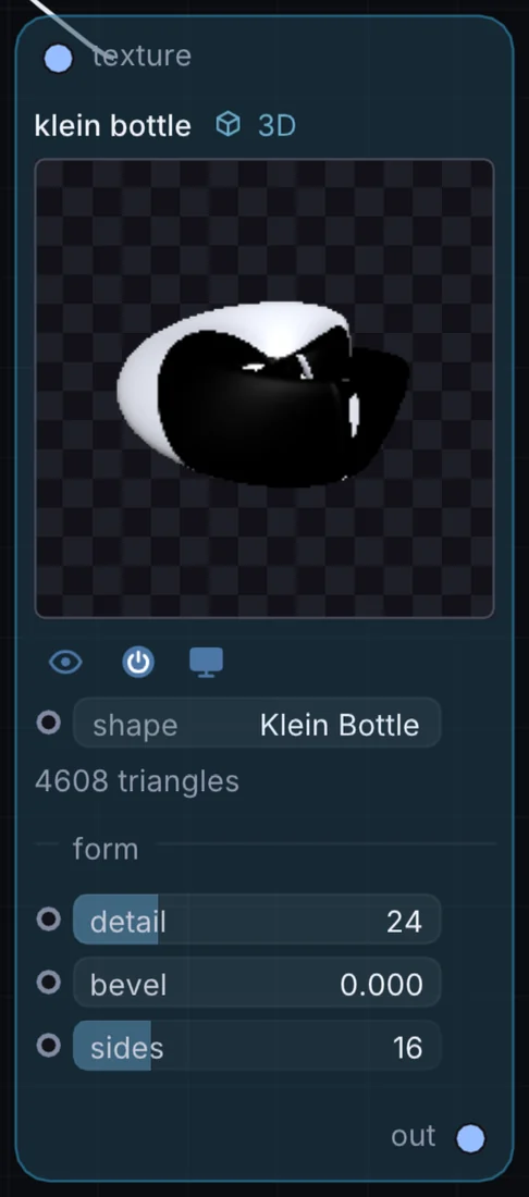 The Klein Bottle node in Infinite, showing its inputs, controls and outputs.