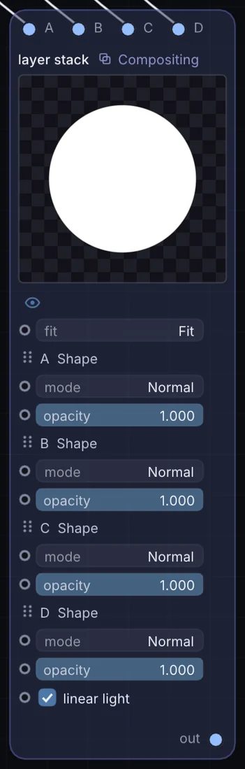 The Layer Stack node in Infinite, showing its inputs, controls and outputs.