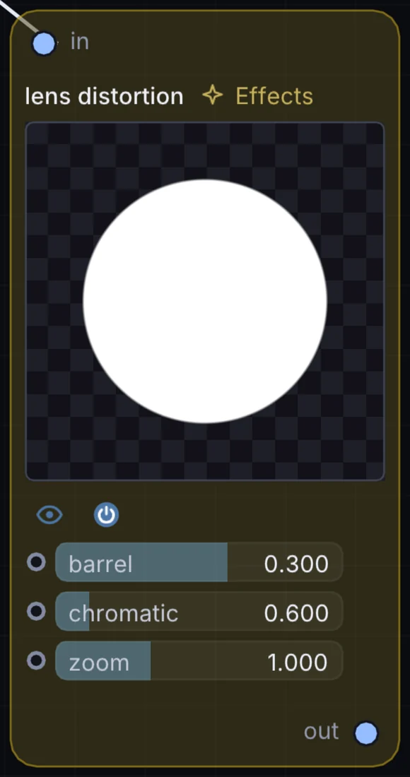 The Lens Distortion node in Infinite, showing its inputs, controls and outputs.