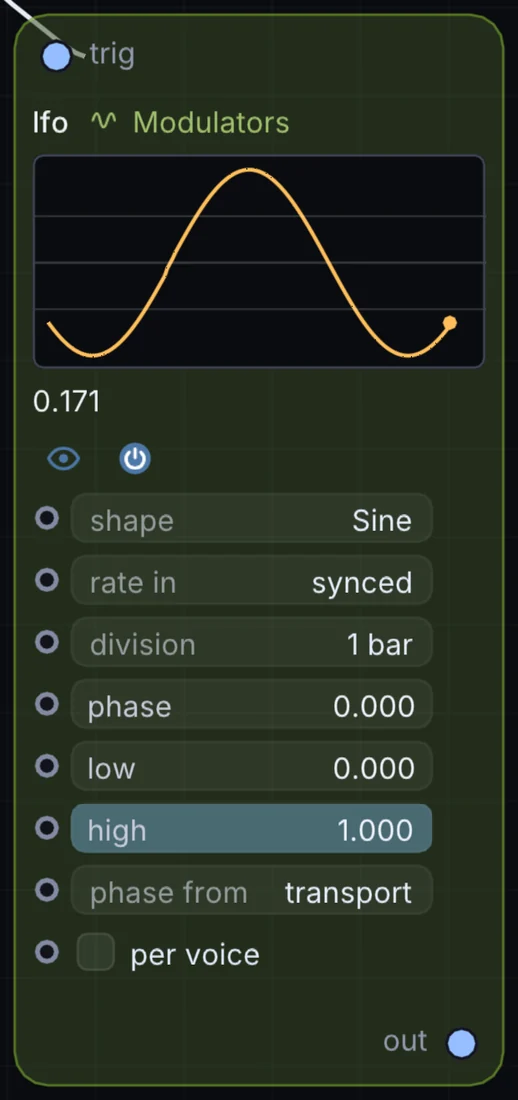 The LFO node in Infinite, showing its inputs, controls and outputs.