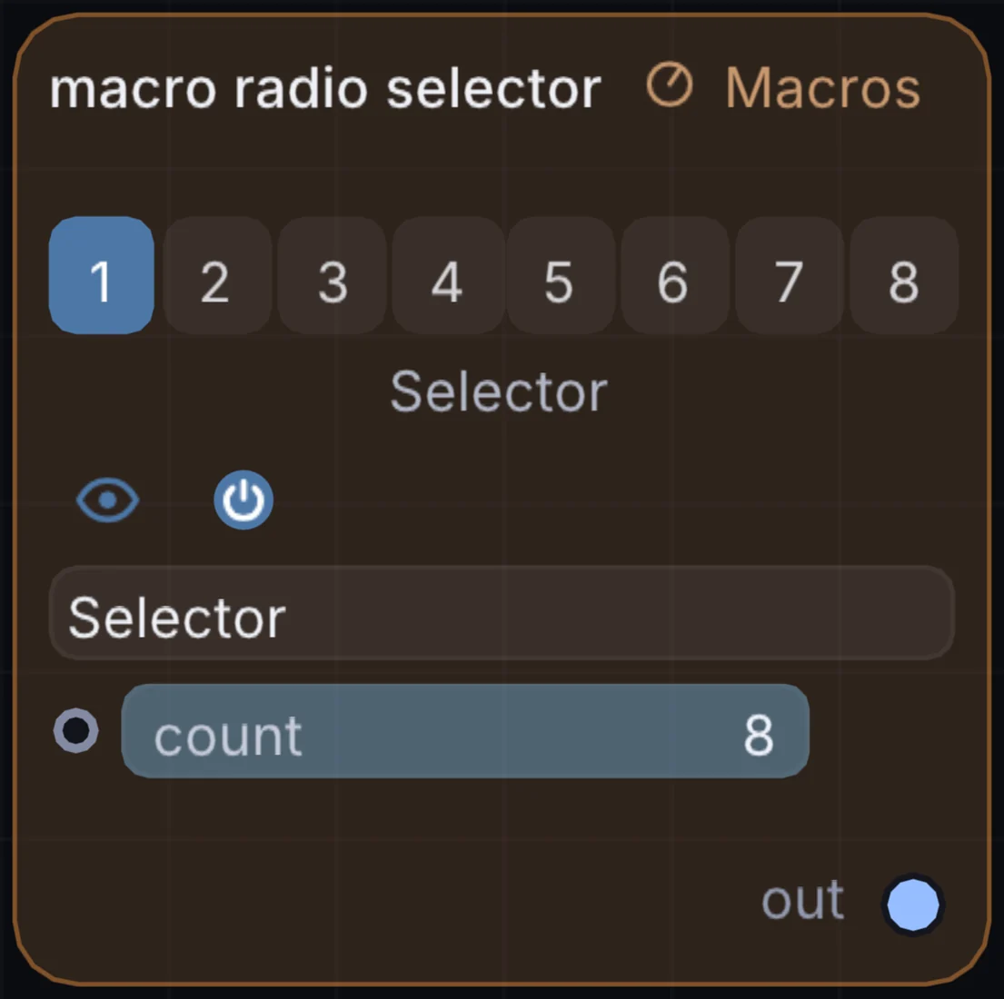 The Macro Radio Selector node in Infinite, showing its controls and output.