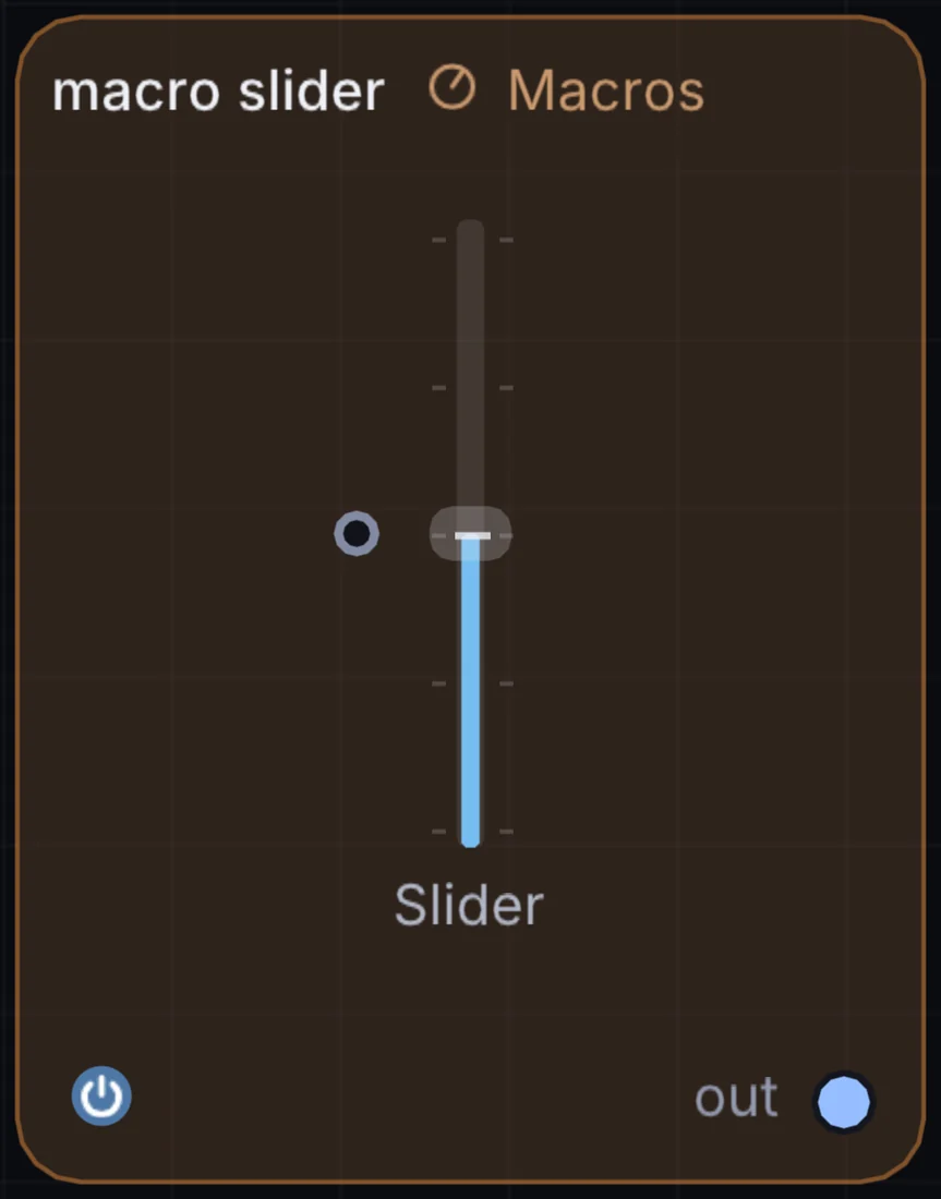 The Macro Slider node in Infinite, showing its controls and output.