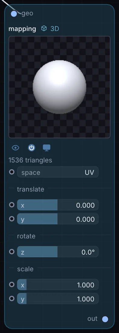 The Mapping node in Infinite, showing its inputs, controls and outputs.