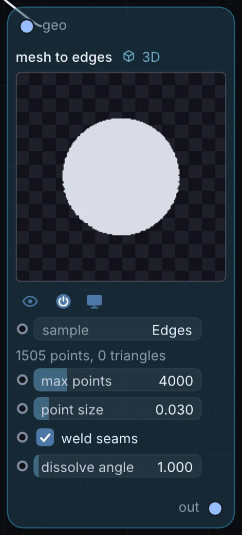 The Mesh to Edges node in Infinite, showing its inputs, controls and outputs.