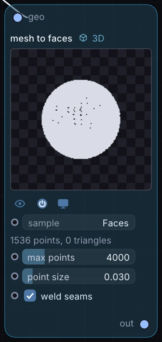 The Mesh to Faces node in Infinite, showing its inputs, controls and outputs.