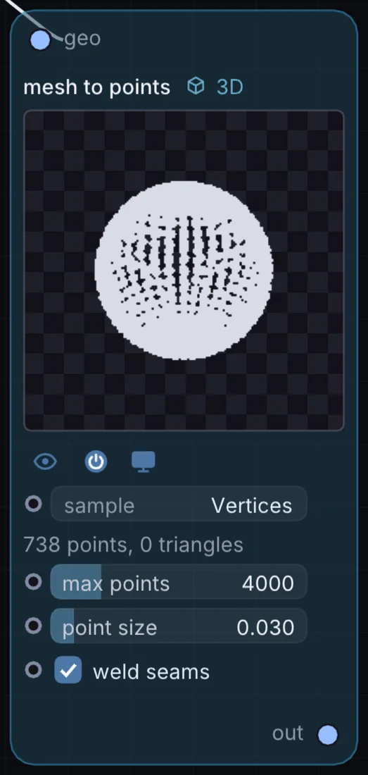 The Mesh to Points node in Infinite, showing its inputs, controls and outputs.