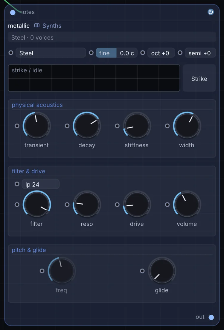 The Metallic node in Infinite, showing its inputs, controls and outputs.