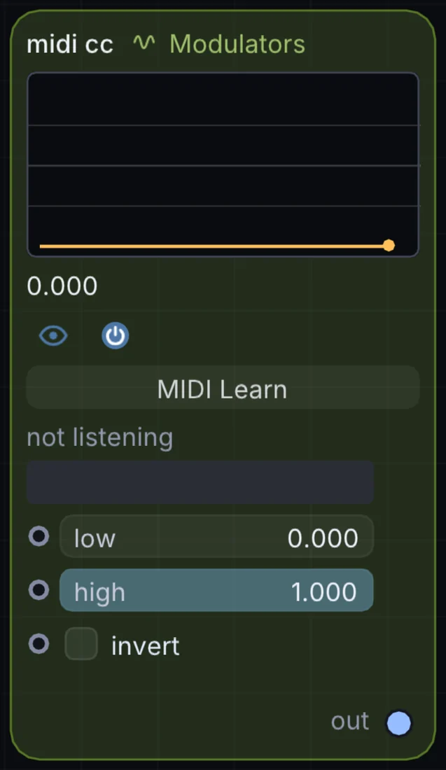 The MIDI CC node in Infinite, showing its controls and output.