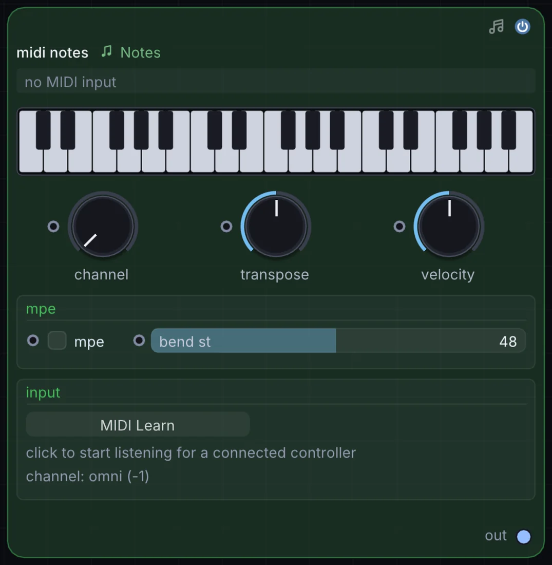 The MIDI Notes node in Infinite, showing its controls and output.