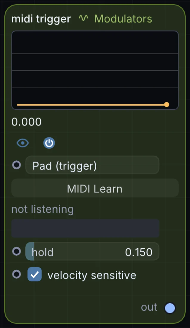The MIDI Trigger node in Infinite, showing its controls and output.