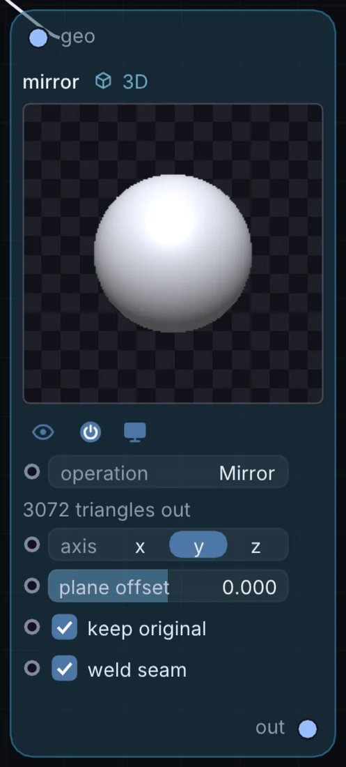 The Mirror node in Infinite, showing its inputs, controls and outputs.