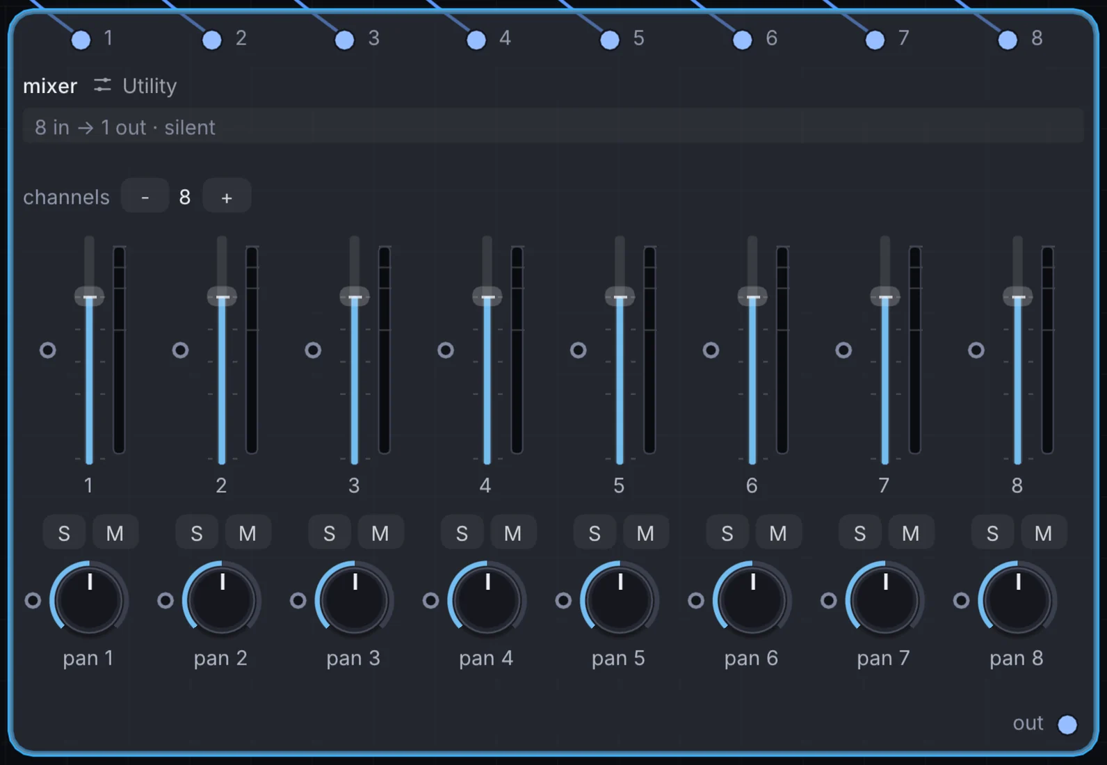The Mixer node in Infinite, showing its inputs, controls and outputs.