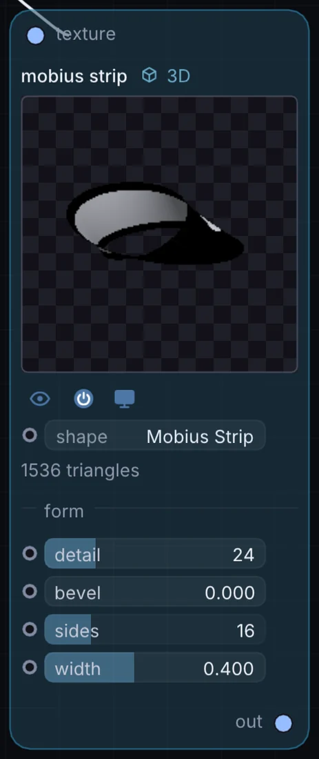 The Mobius Strip node in Infinite, showing its inputs, controls and outputs.