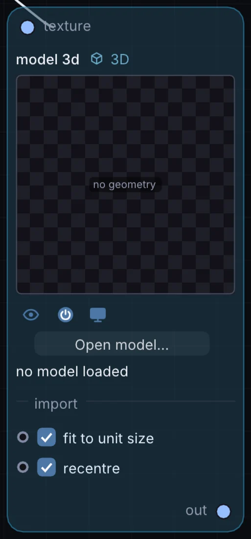 The Model 3D node in Infinite, showing its inputs, controls and outputs.
