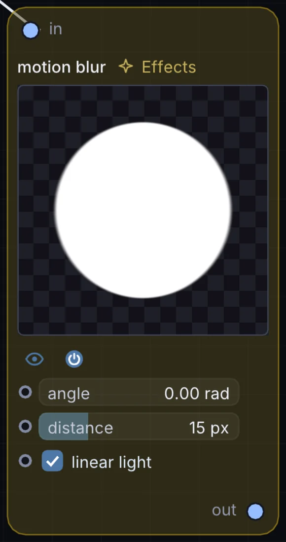 The Motion Blur node in Infinite, showing its inputs, controls and outputs.