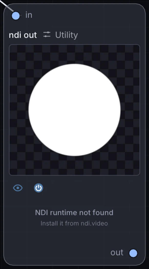 The NDI Out node in Infinite, showing its inputs, controls and outputs.