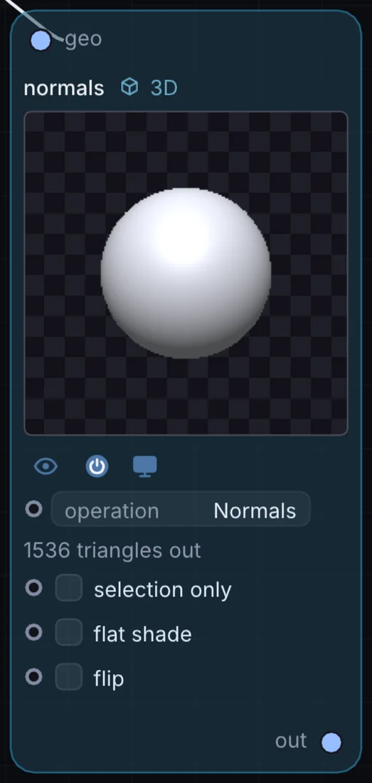 The Normals node in Infinite, showing its inputs, controls and outputs.