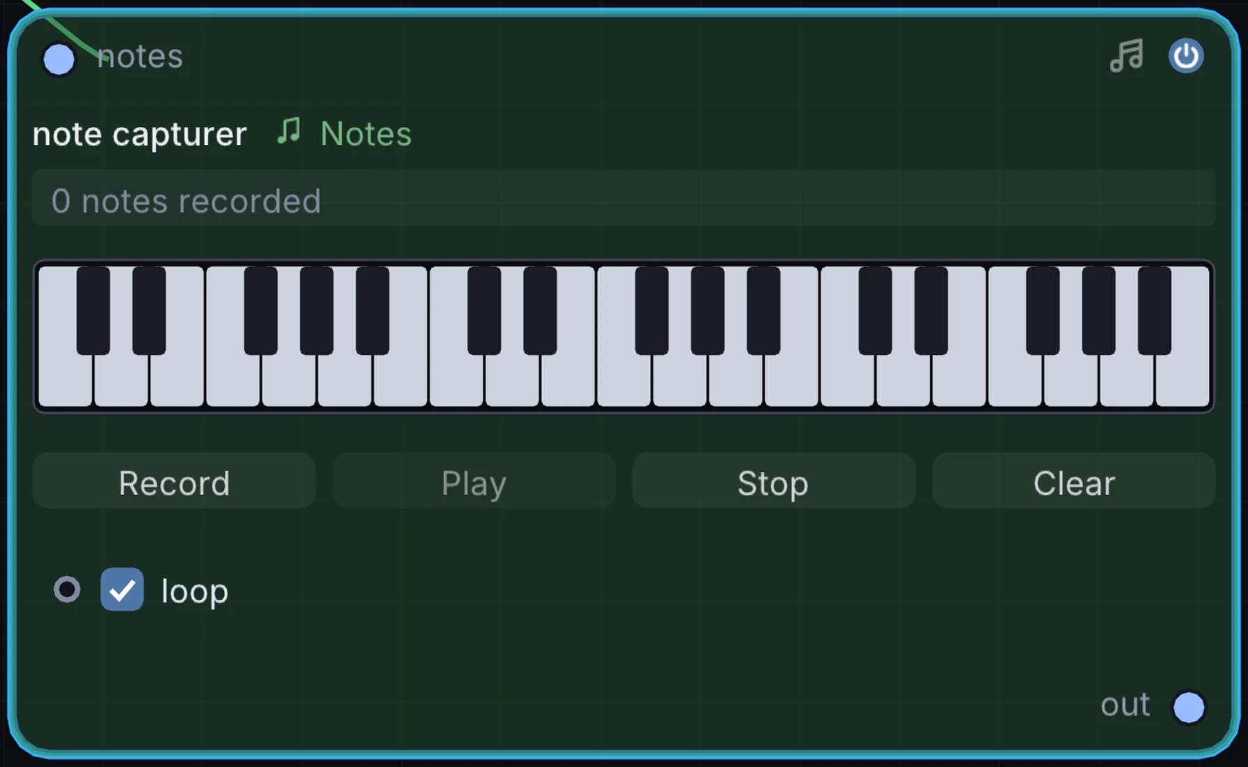 The Note Capturer node in Infinite, showing its inputs, controls and outputs.