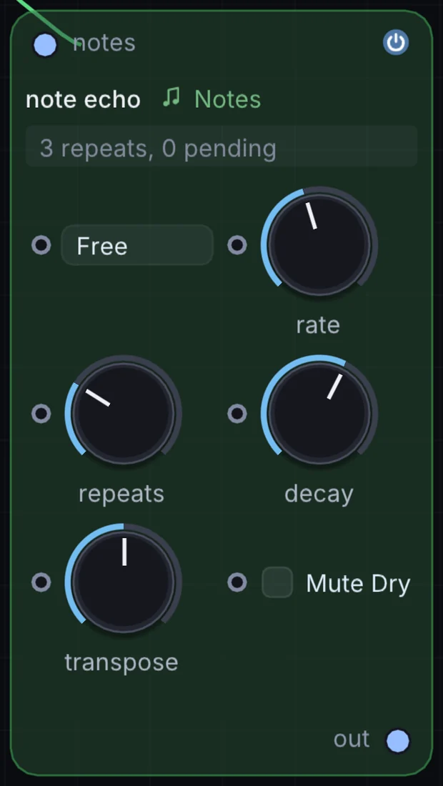 The Note Echo node in Infinite, showing its inputs, controls and outputs.