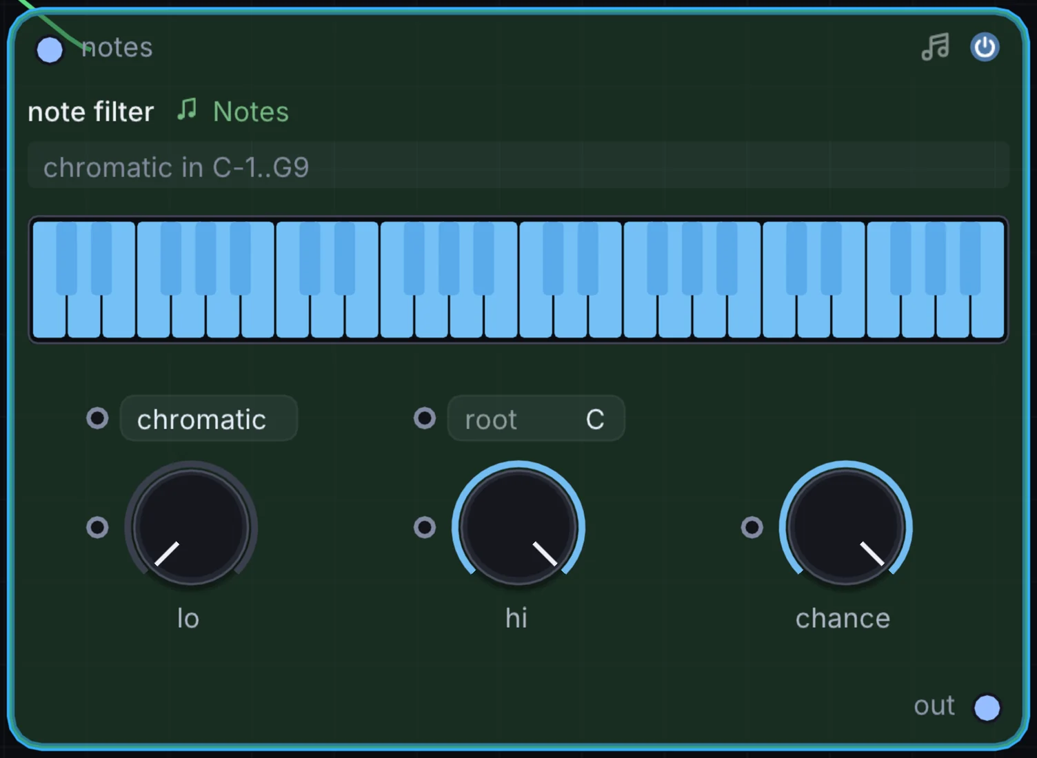 The Note Filter node in Infinite, showing its inputs, controls and outputs.