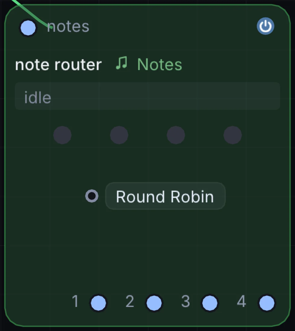 The Note Router node in Infinite, showing its inputs, controls and outputs.