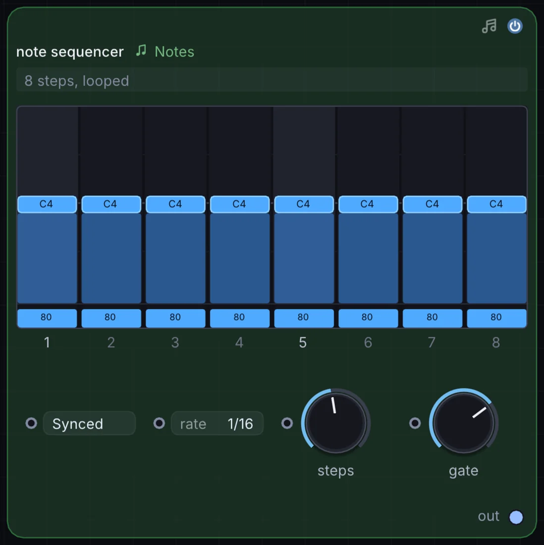 The Note Sequencer node in Infinite, showing its controls and output.