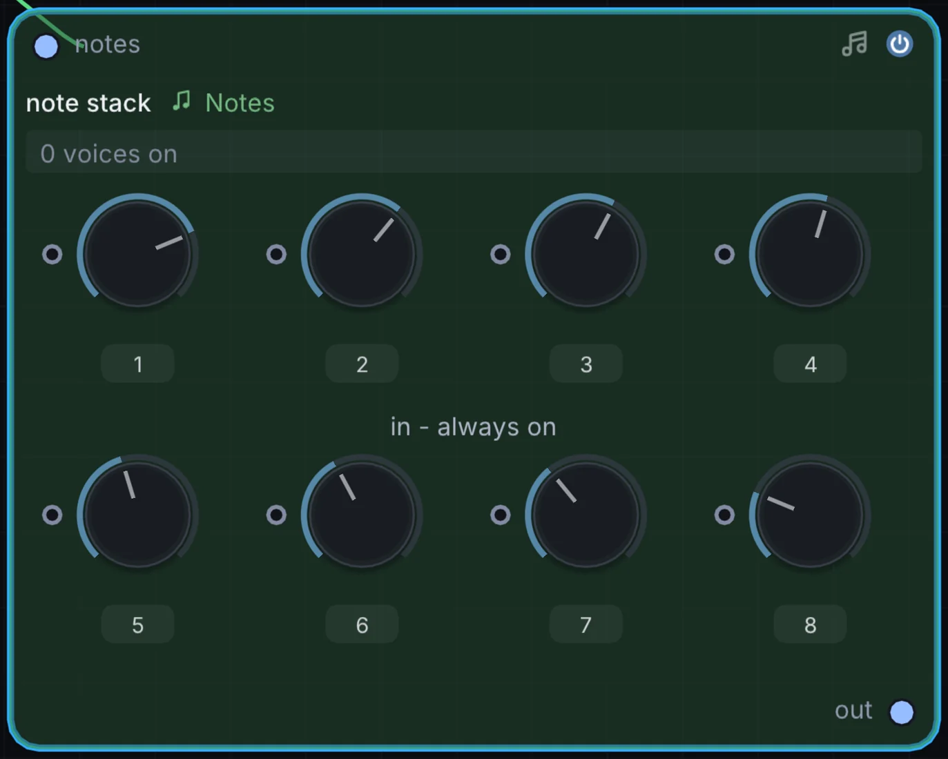 The Note Stack node in Infinite, showing its inputs, controls and outputs.
