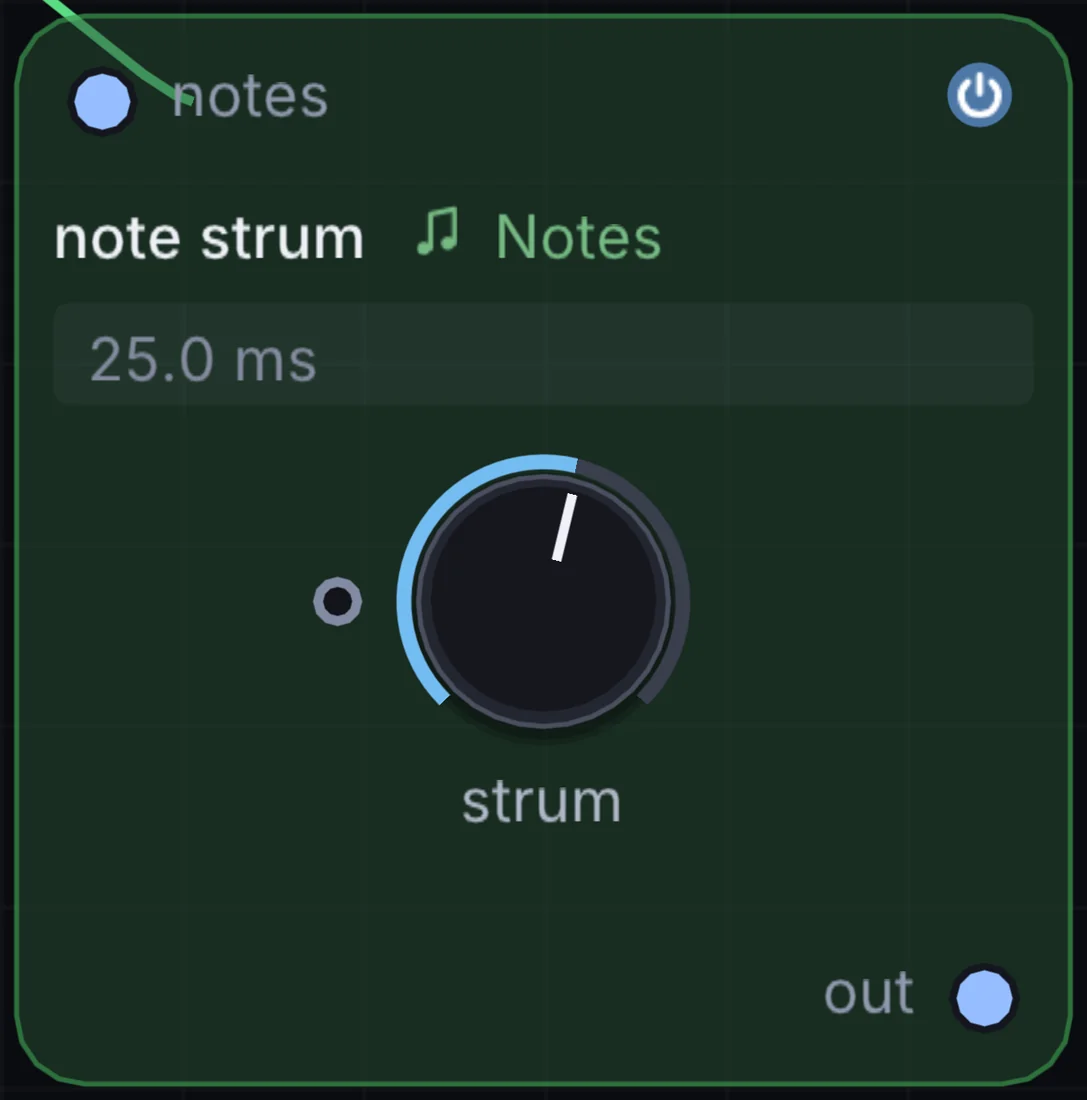 The Note Strum node in Infinite, showing its inputs, controls and outputs.