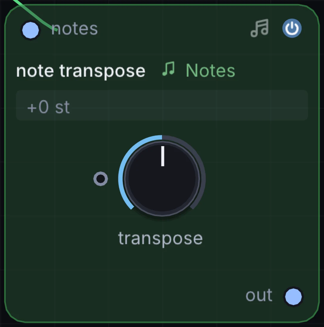 The Note Transpose node in Infinite, showing its inputs, controls and outputs.