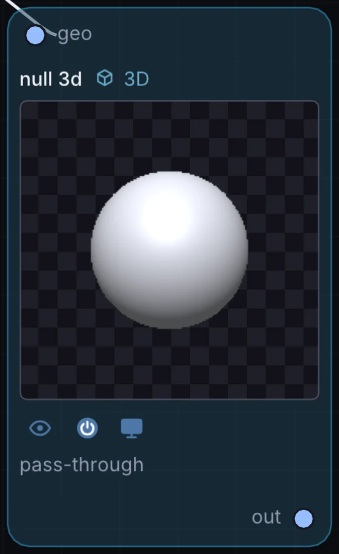 The Null 3D node in Infinite, showing its inputs, controls and outputs.