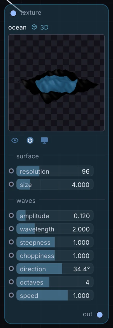 The Ocean node in Infinite, showing its inputs, controls and outputs.
