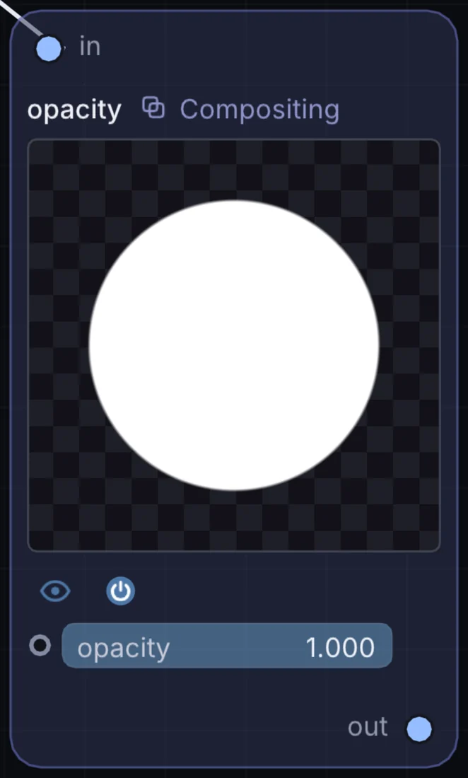 The Opacity node in Infinite, showing its inputs, controls and outputs.