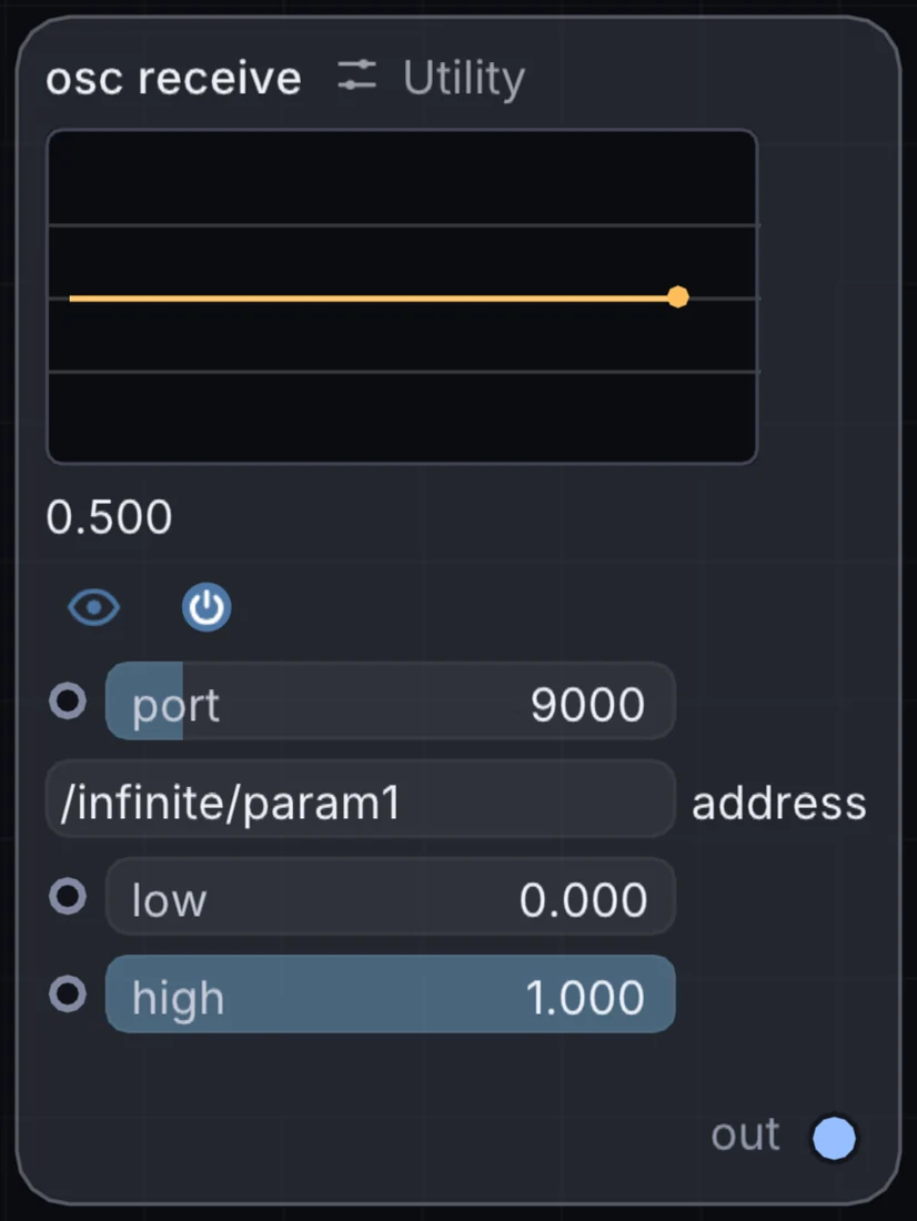 The OSC Receive node in Infinite, showing its controls and output.