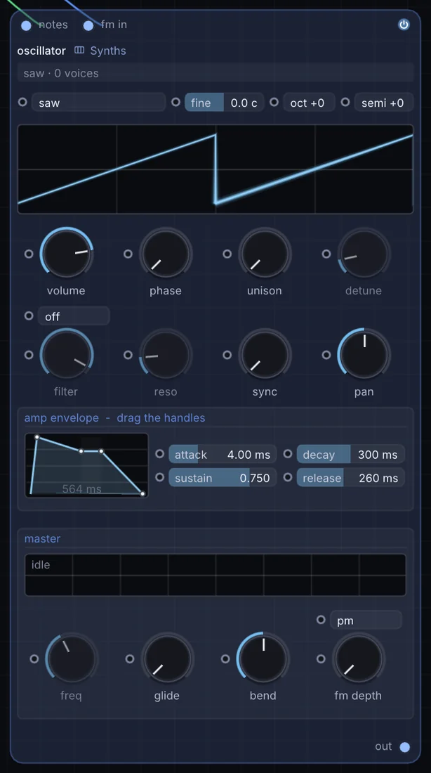 The Oscillator node in Infinite, showing its inputs, controls and outputs.