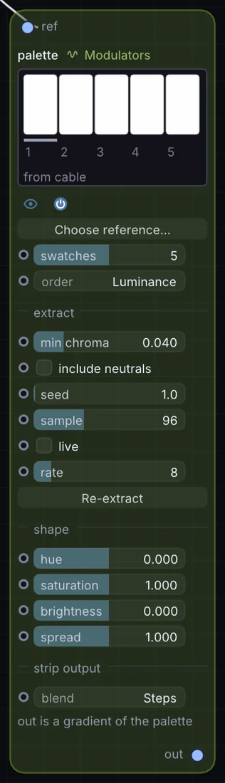 The Palette node in Infinite, showing its inputs, controls and outputs.