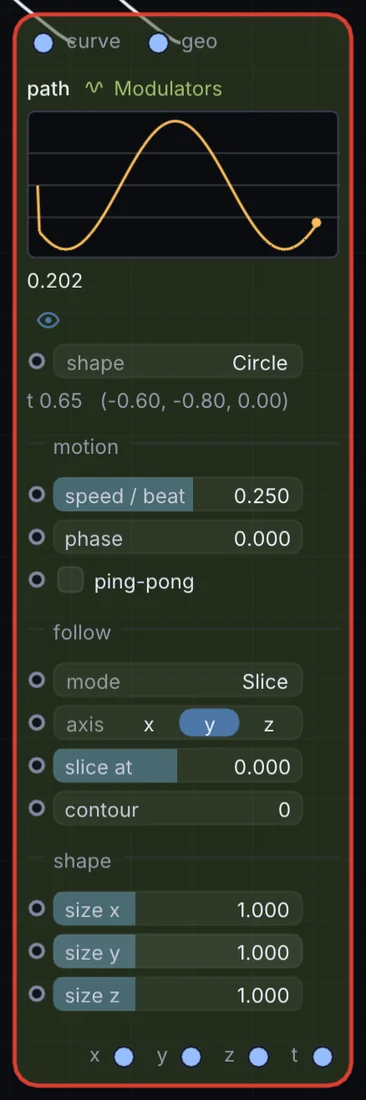 The Path node in Infinite, showing its inputs, controls and outputs.