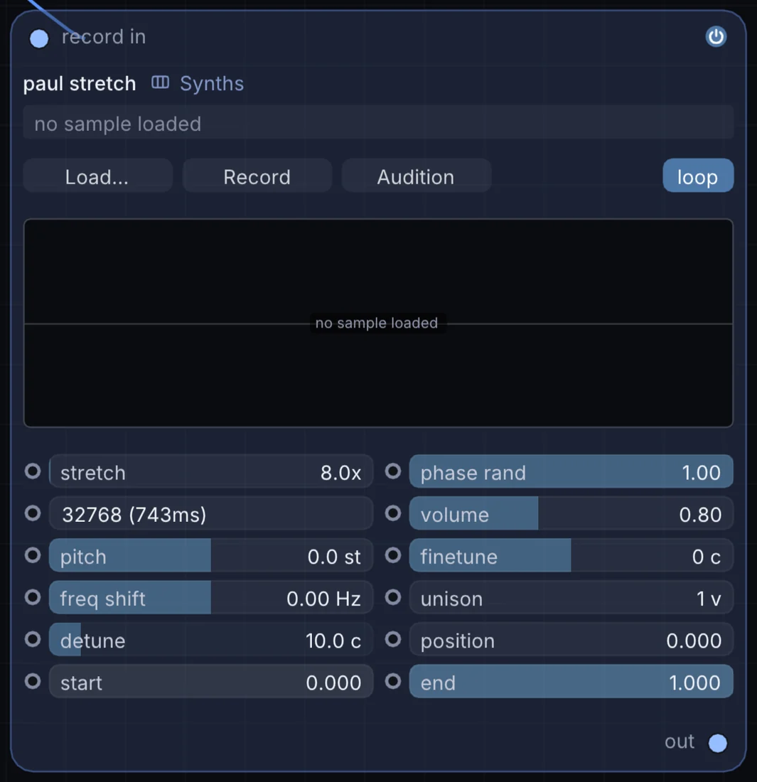 The PaulStretch node in Infinite, showing its inputs, controls and outputs.