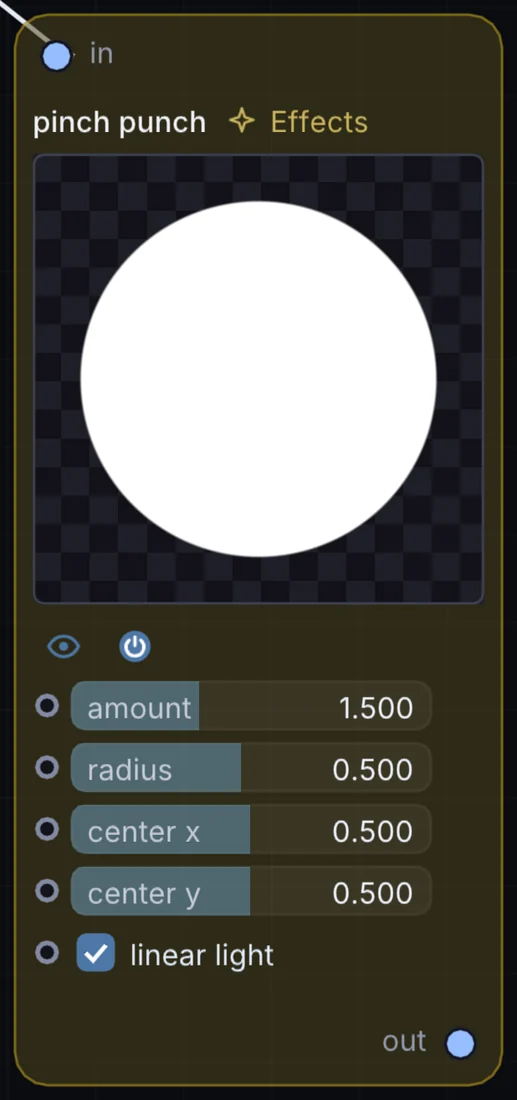 The Pinch Punch node in Infinite, showing its inputs, controls and outputs.