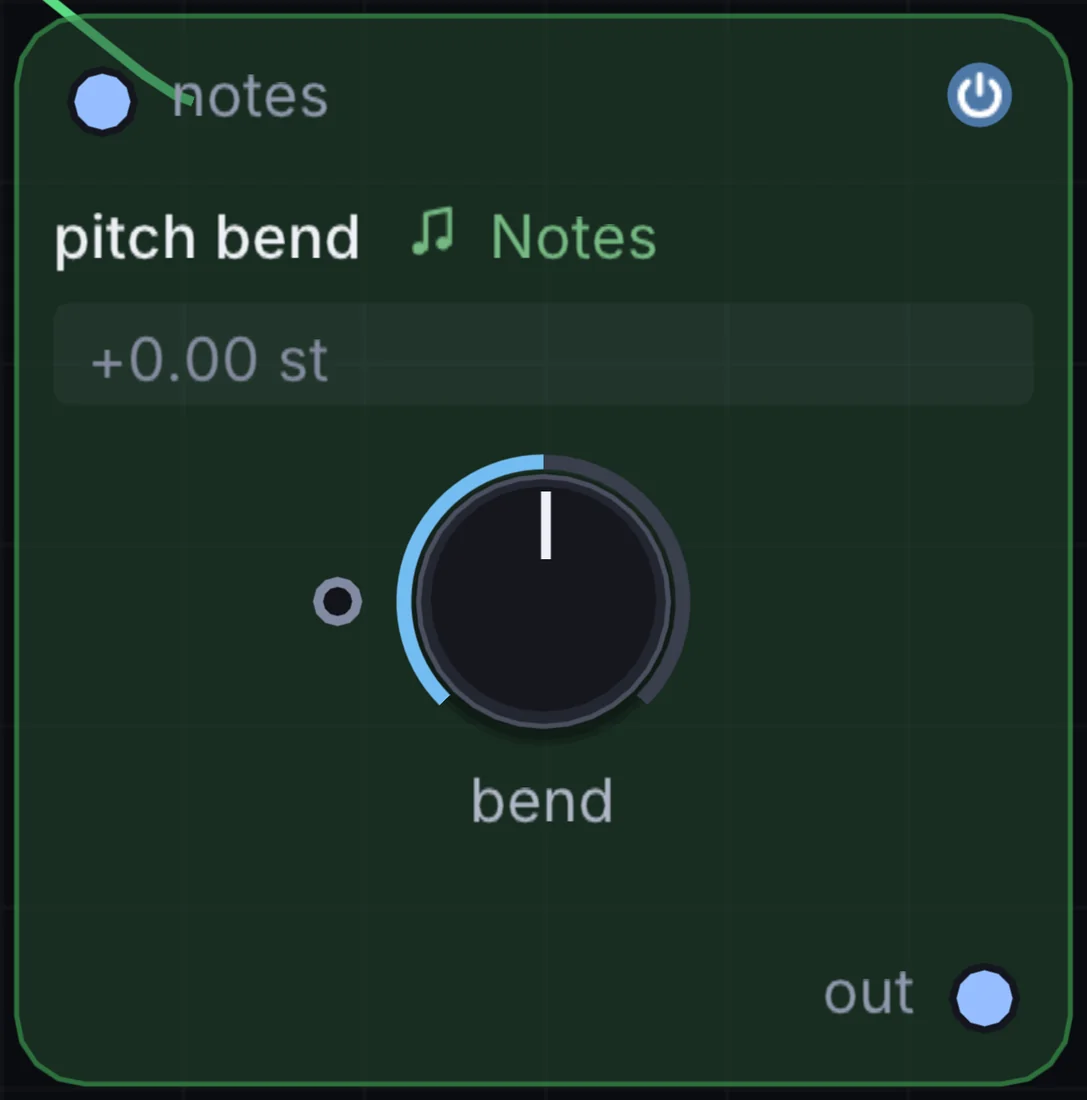 The Pitch Bend node in Infinite, showing its inputs, controls and outputs.