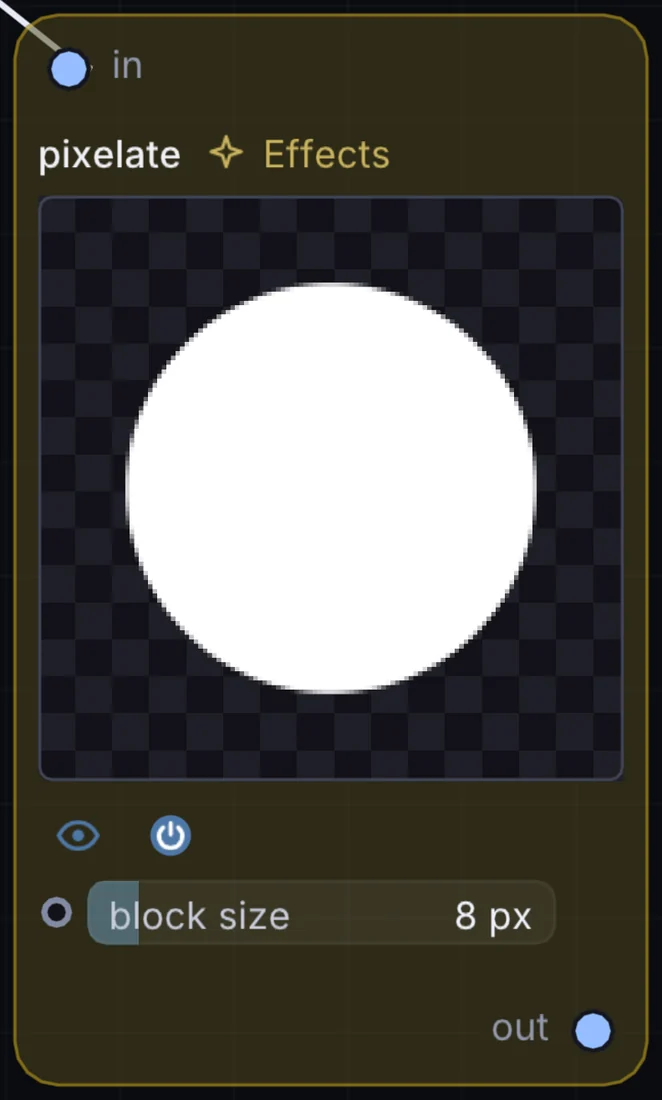 The Pixelate node in Infinite, showing its inputs, controls and outputs.