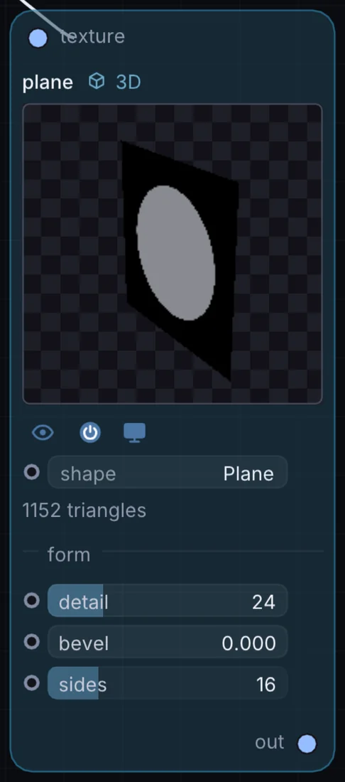 The Plane node in Infinite, showing its inputs, controls and outputs.