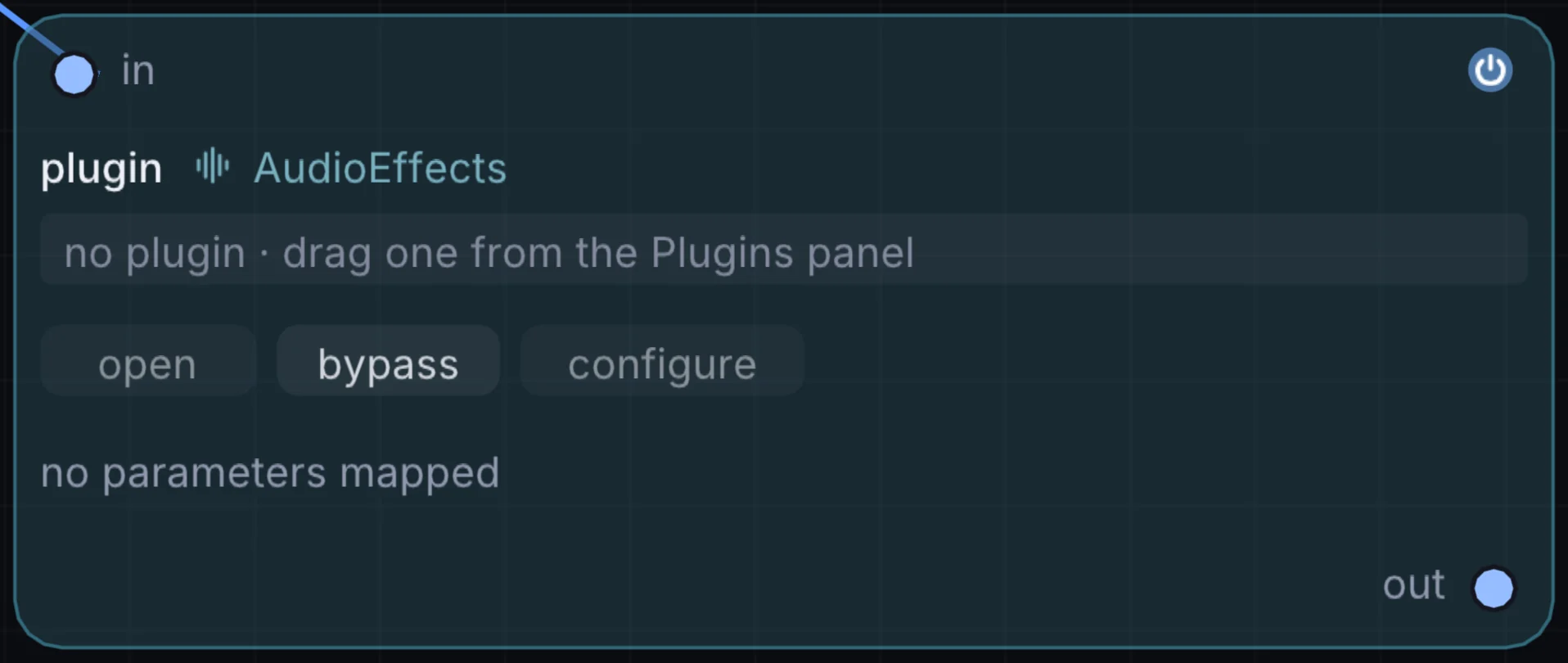 The Plugin node in Infinite, showing its inputs, controls and outputs.