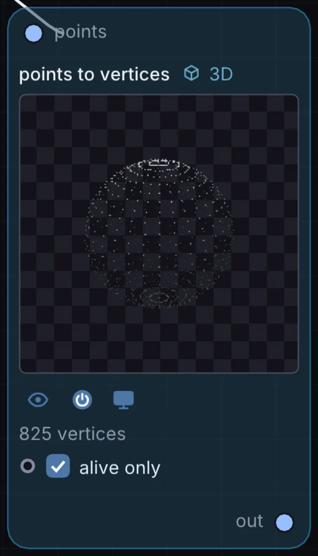 The Points to Vertices node in Infinite, showing its inputs, controls and outputs.